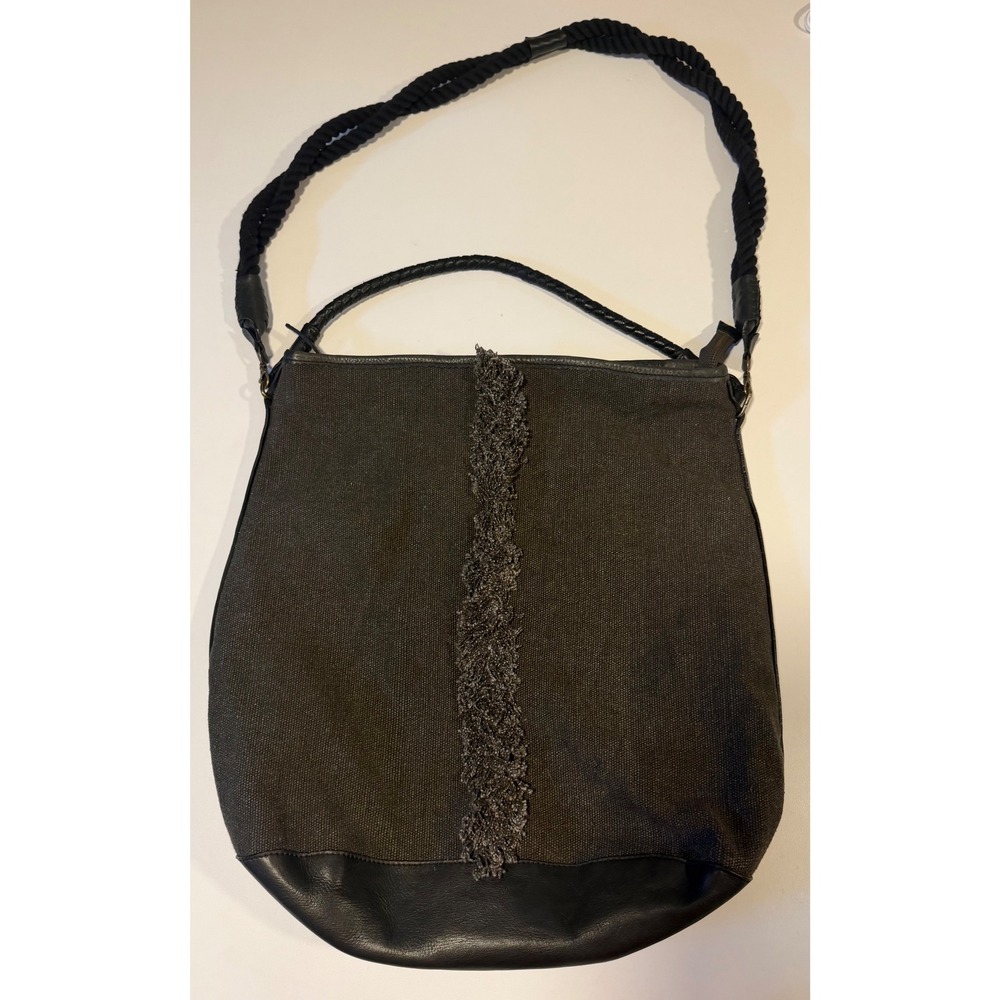 Free People Olive Green Canvas Leather Trim Hobo Bag Braided Rope Strap Fringe